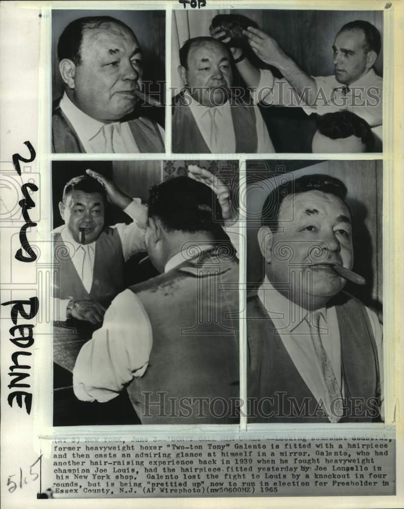 1965 Press Photo Ex-boxer Tony Galento & wigmaker Joe Lonzello, New York- Historic Images