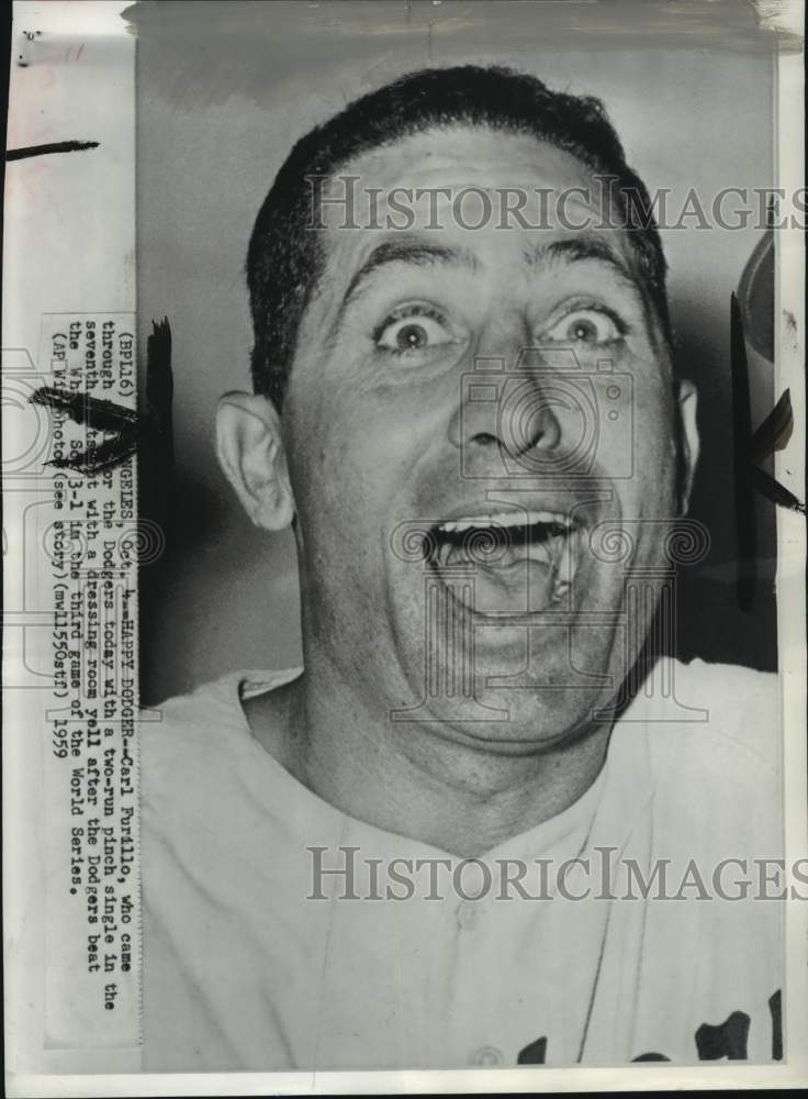 1959 Press Photo Dodgers&#39; Carl Furillo, dressing room, World Series baseball, CA- Historic Images