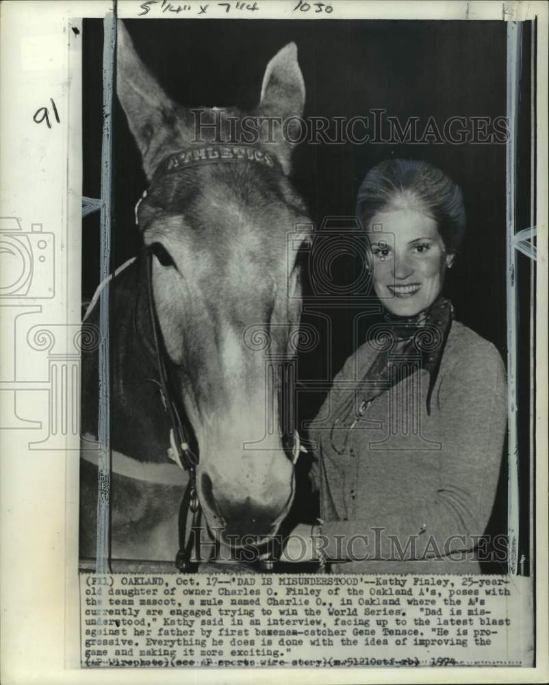 1974 Press Photo Kathy Finley, Athletics&#39; mule mascot, World Series baseball, CA- Historic Images