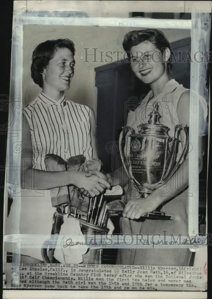 1953 Press Photo Millie Myerson, Holly Jean Roth, Junior Girls&#39; Golf Tourney, MA- Historic Images