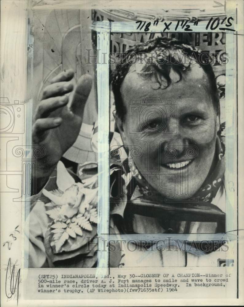 1964 Press Photo Auto racer A.J. Foyt wins 500-mile race, Indianapolis Speedway- Historic Images