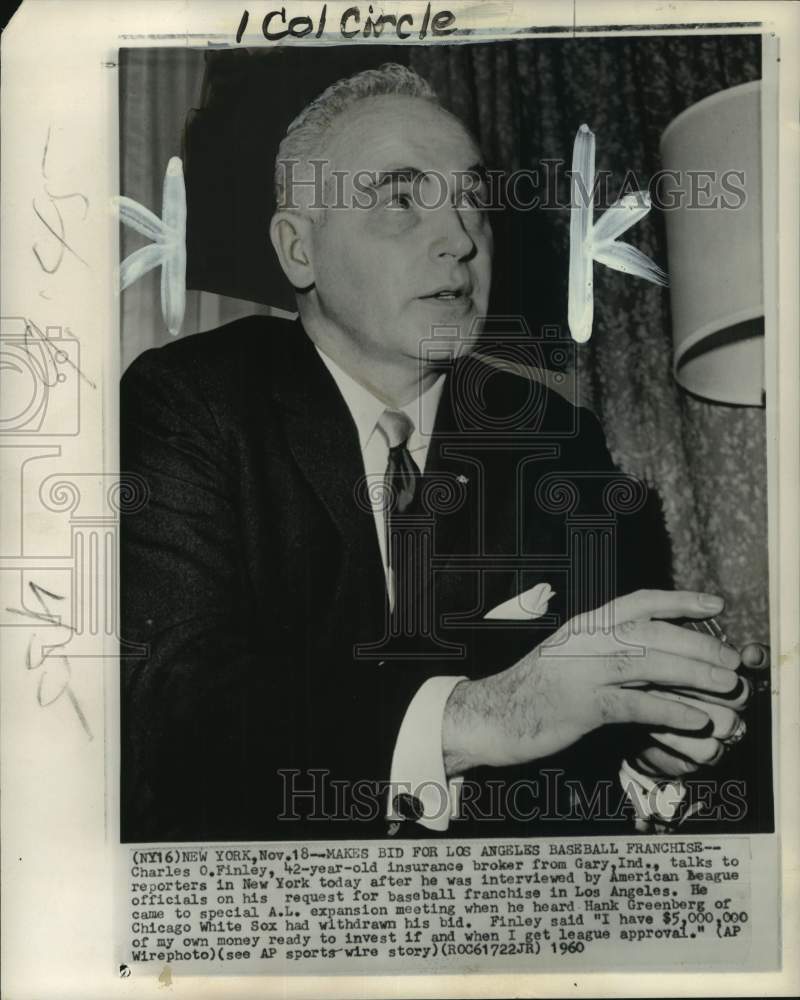 1960 Press Photo Insurance broker Charles O. Finley, New York - pis07492- Historic Images