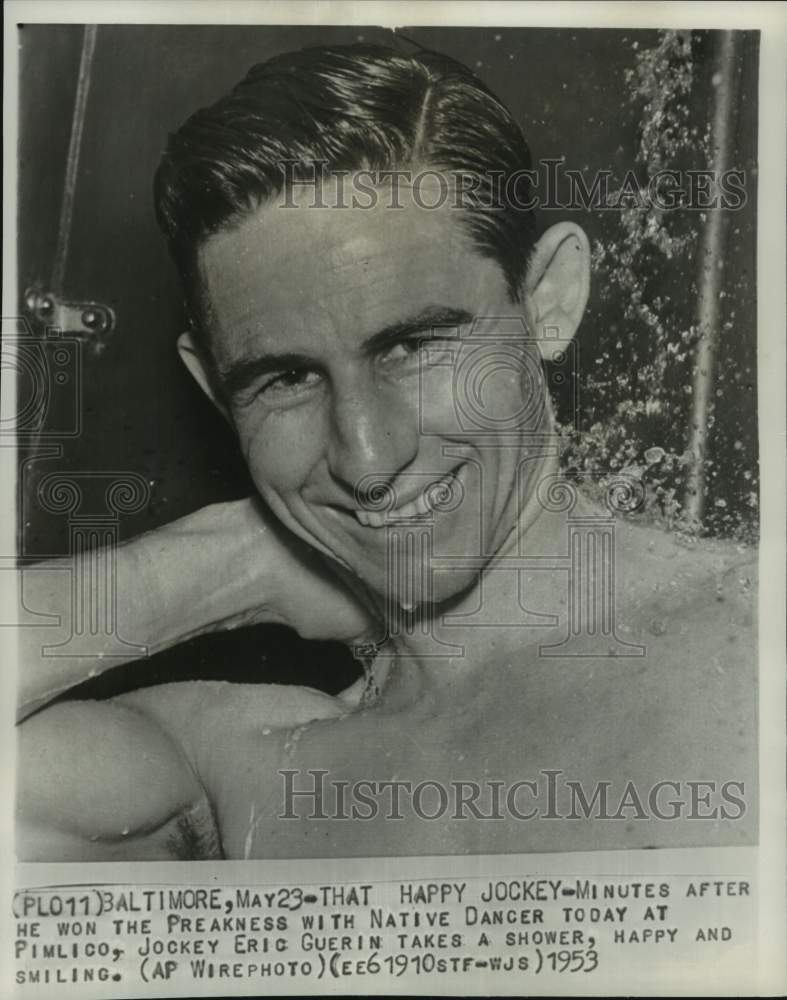 1953 Press Photo Jockey Eric Guerin showers off after Preakness win, Baltimore- Historic Images