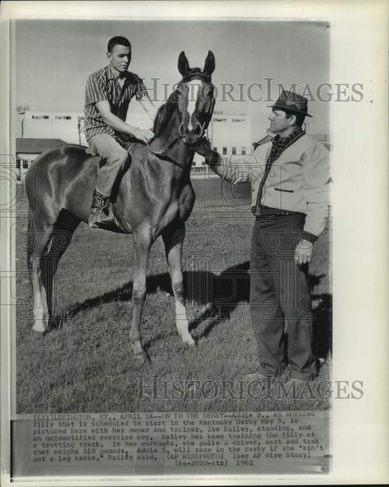 1962 Press Photo Exercise boy, race horse Addie B. &amp; owner Ike Bailey, KY- Historic Images