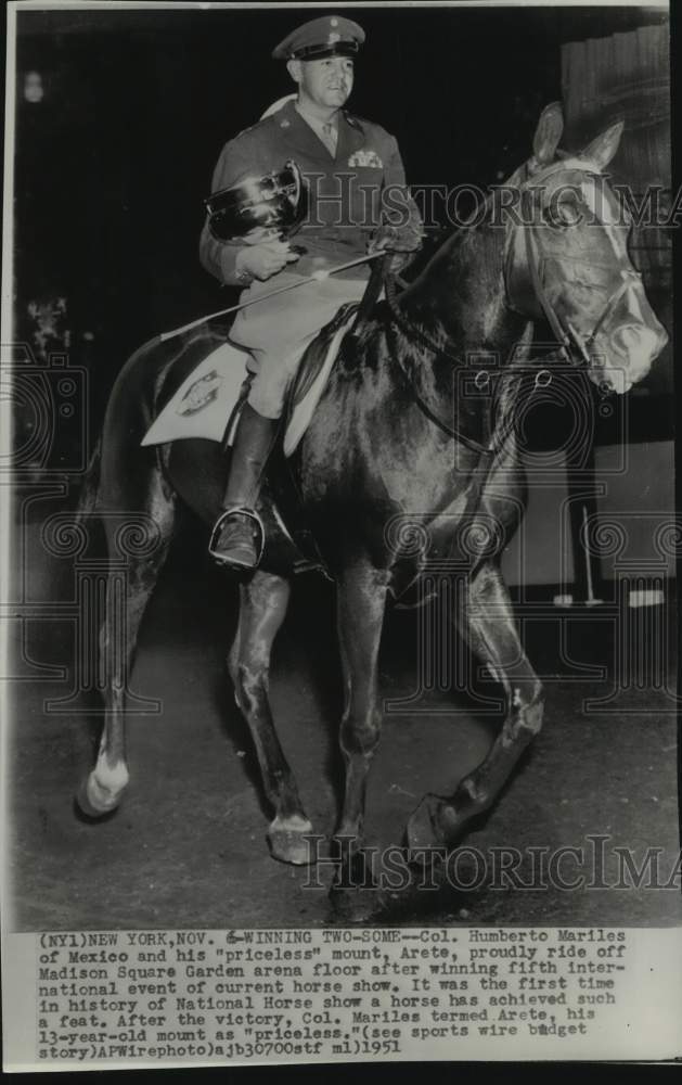 1951 Press Photo Humberto Mariles & horses "Arete", National Horse show, NY- Historic Images