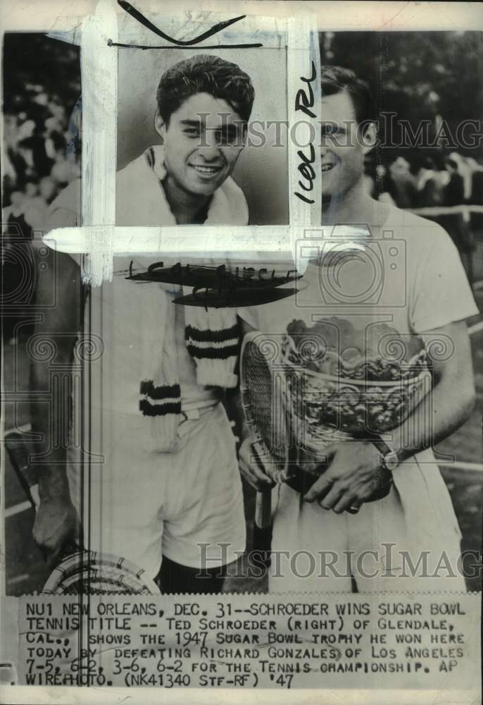 1947 Press Photo Tennis players Richard Gonzales &amp; Ted Schroeder, New Orleans- Historic Images