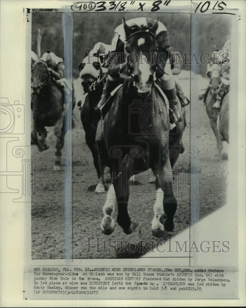 1975 Press Photo Jockey Mike Hole & Ascetic wins Everglade Stakes, Hialeah, FL- Historic Images