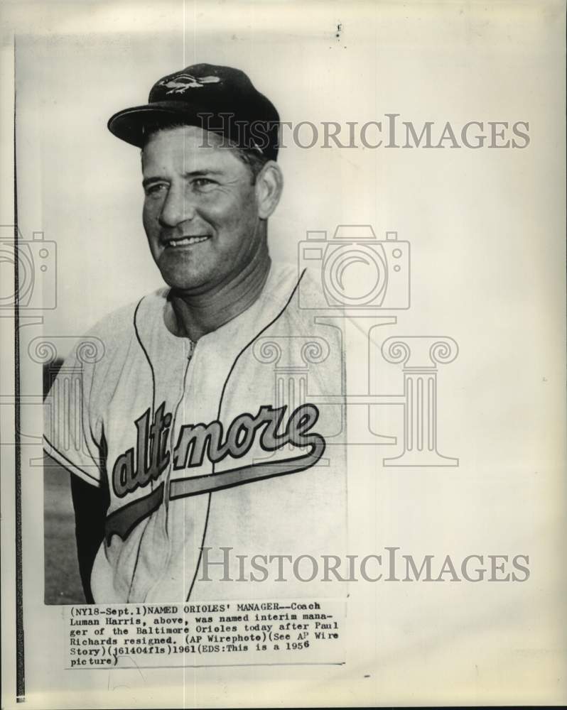 1956 Press Photo Baseball coach Luman Harris, Baltimore Orioles&#39; manager- Historic Images