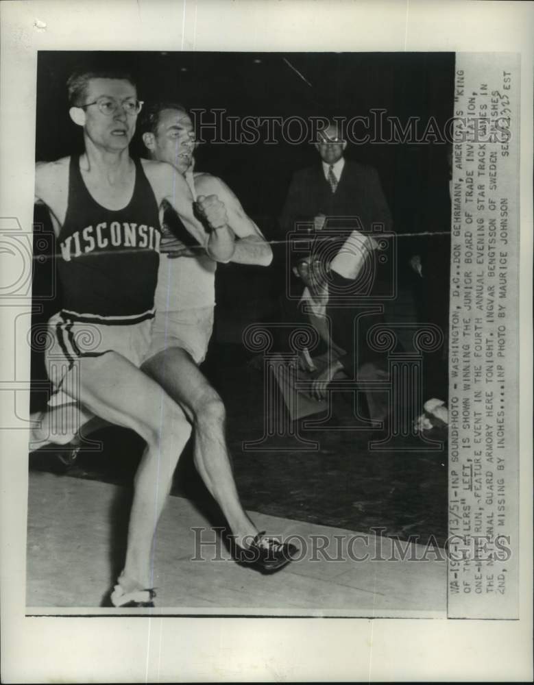 1951 Press Photo Wisconsin runner Don Gehrmann wins one-mile run, Washington, DC- Historic Images