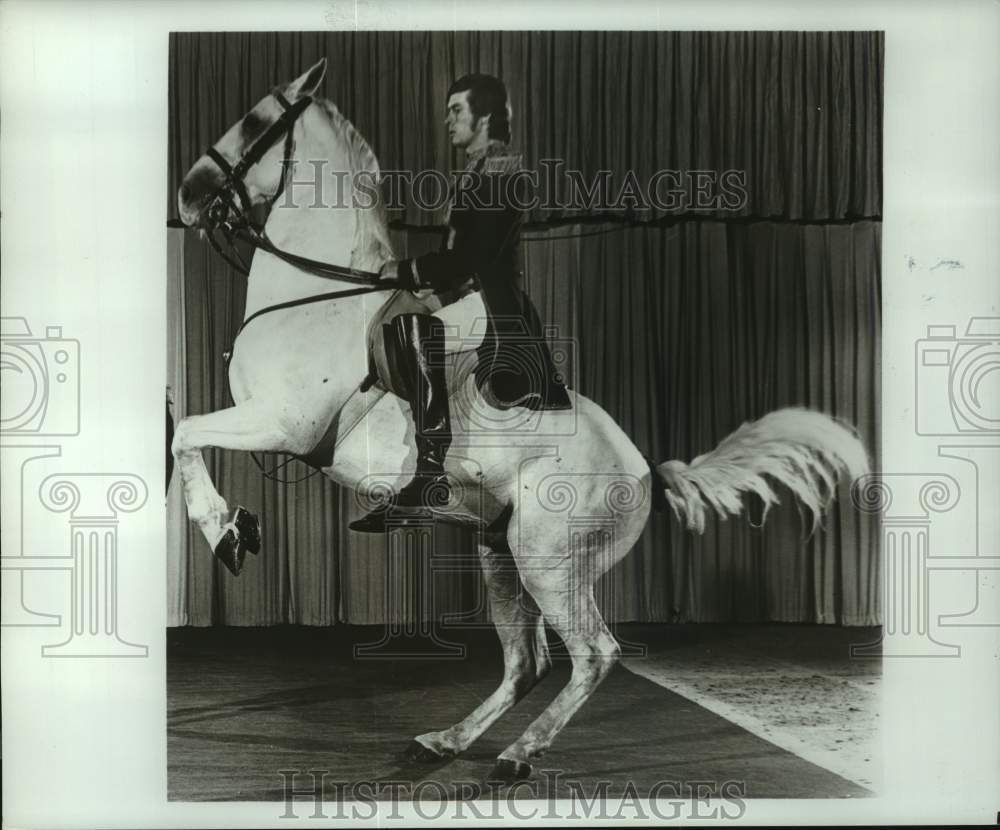 1976 Press Photo Rider & horse Lipizzan's levade, Charleston National Plaza, WV- Historic Images