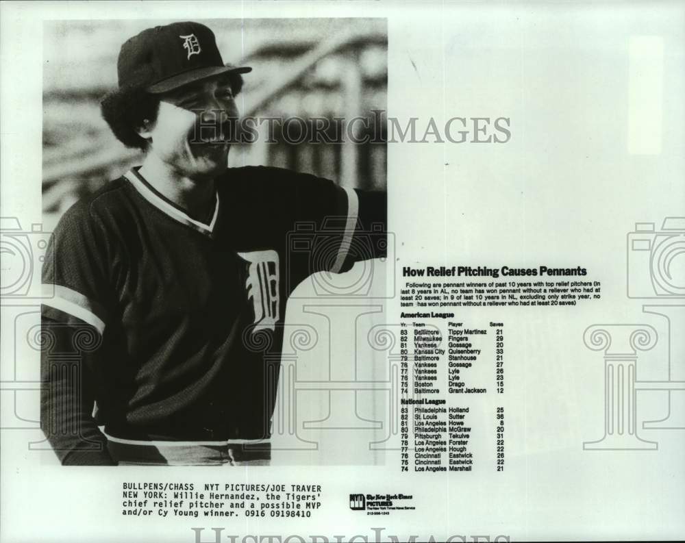 1984 Press Photo Detroit Tigers' relief baseball pitcher Willie Hernandez, NY- Historic Images