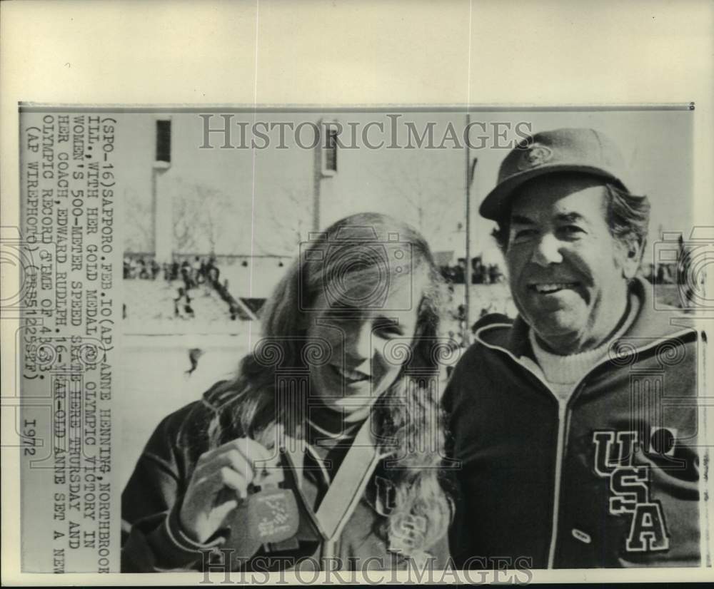 1972 Press Photo Olympic gold medalist Anne Henning poses with coach, Sapporo- Historic Images