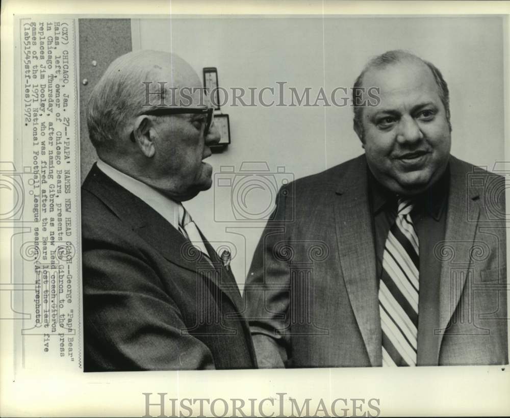 1972 Press Photo Bears&#39; head George &quot;Papa Bear&quot; Halas, Abe Gibron, Chicago- Historic Images
