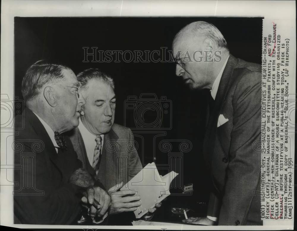 1951 Press Photo Baseball Commissioner Ford Frick confers at house hearing, WA- Historic Images