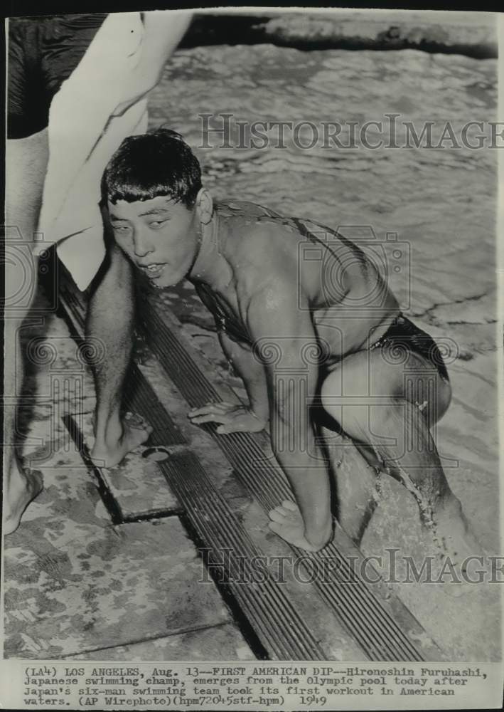 1949 Press Photo Japanese swimmer Hironoshin Furuhasi practicing, Los Angeles- Historic Images