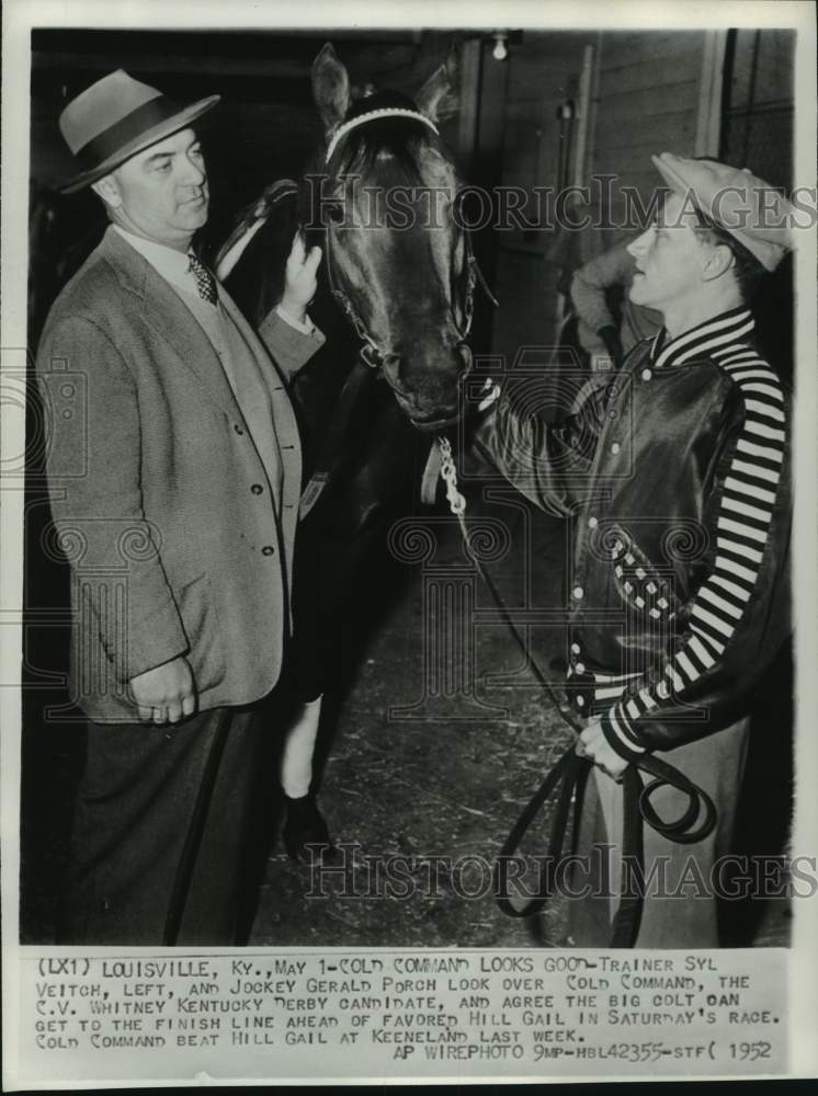 1952 Press Photo Racehorse Cold Command, trainer Sly Veitch, jockey Gerald Porch- Historic Images