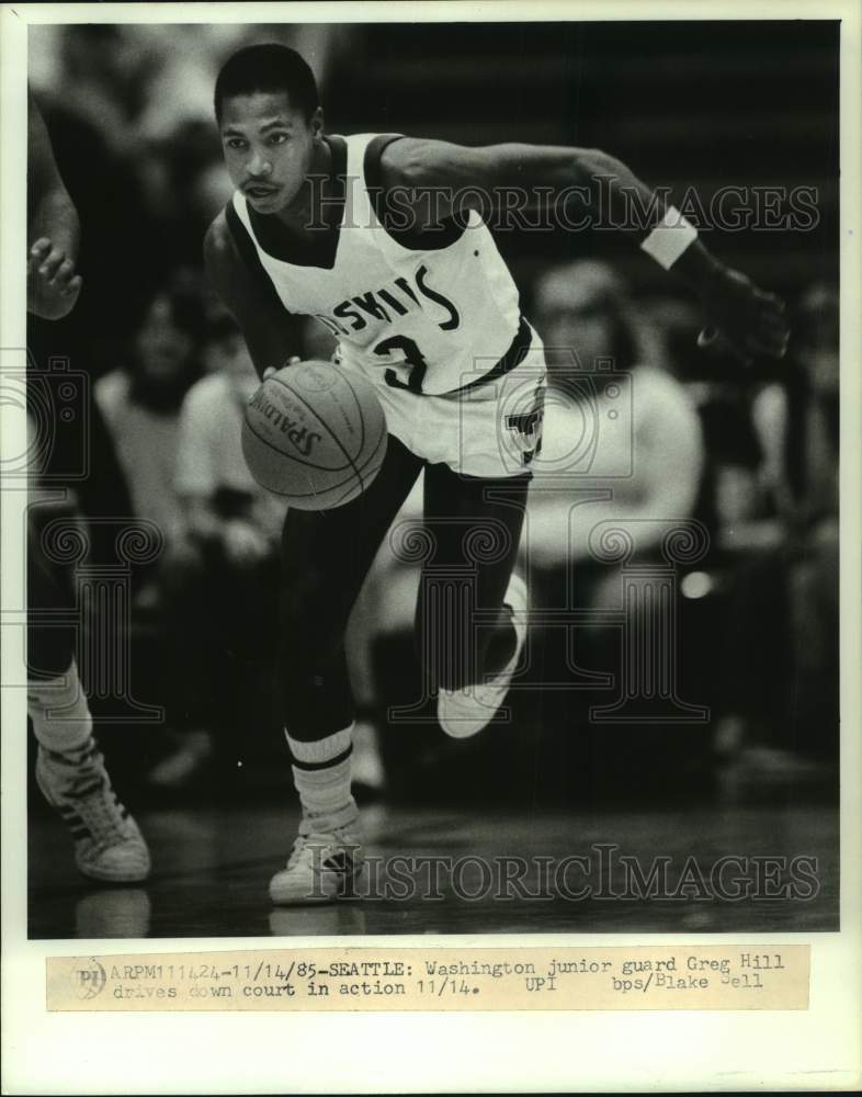 1985 Press Photo Washington junior guard Greg Hill, basketball, Seattle- Historic Images