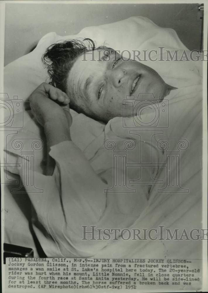 1951 Press Photo Jockey Gordon Glisson at St Luke&#39;s hospital, Pasadena, CA- Historic Images
