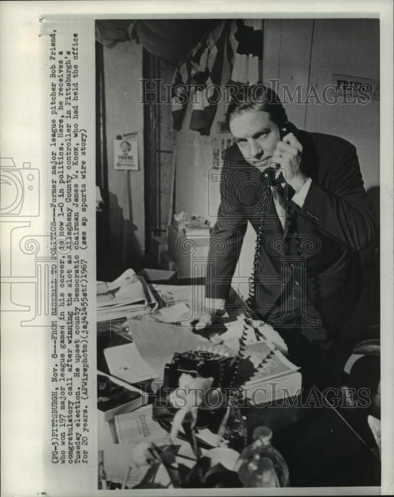 1967 Press Photo Former baseball player Bob Friend on phone, Pittsburgh, PA- Historic Images