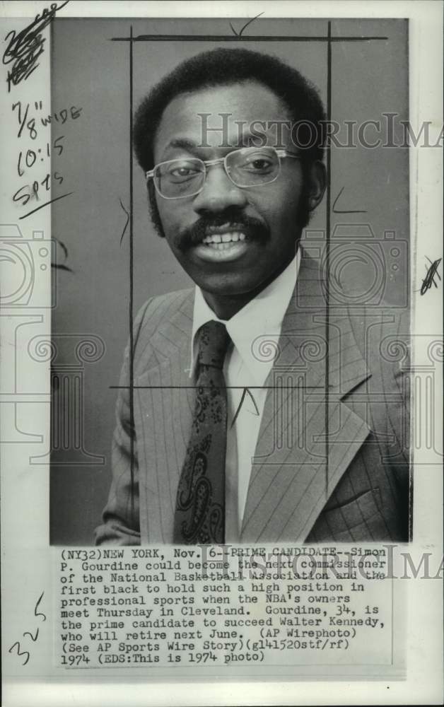 1974 Press Photo Basketball Commissioner candidate Simon P. Gourdine, New York- Historic Images