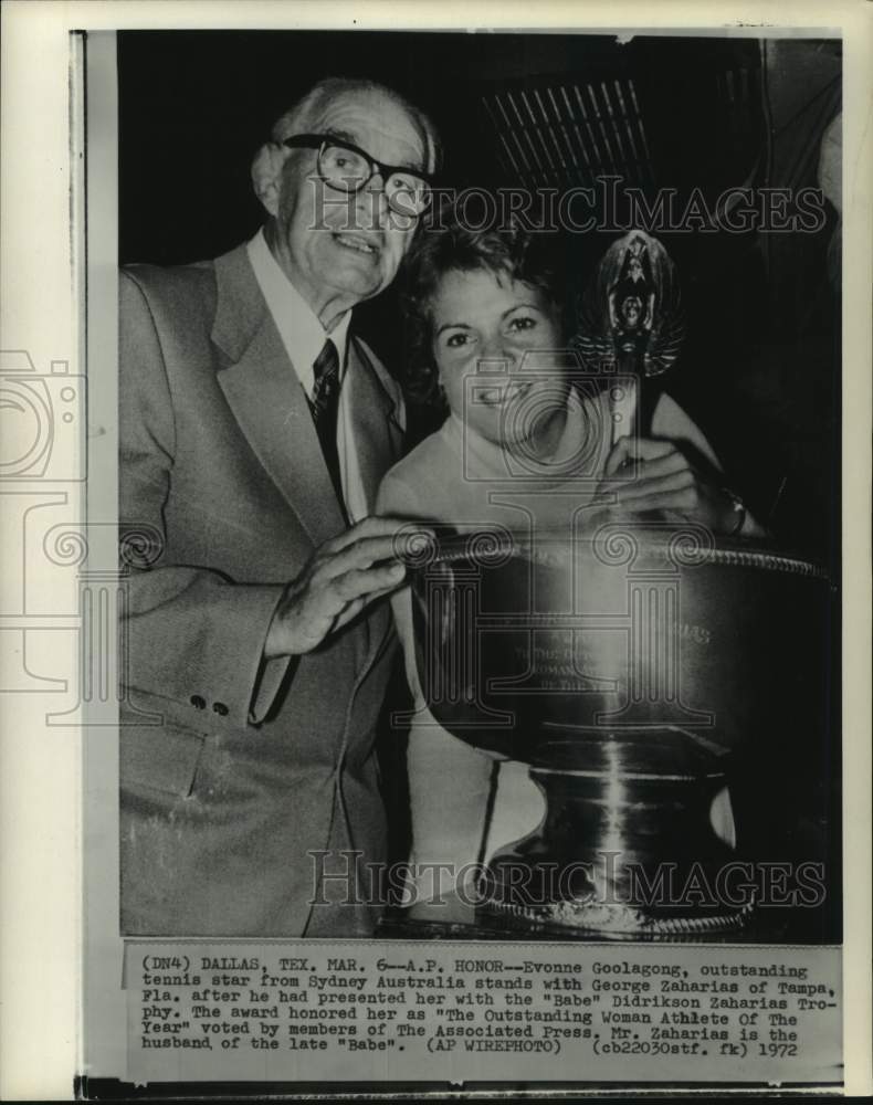 1972 Press Photo Tennis player Evonne Goolagong & George Zaharis, Dallas, Texas- Historic Images