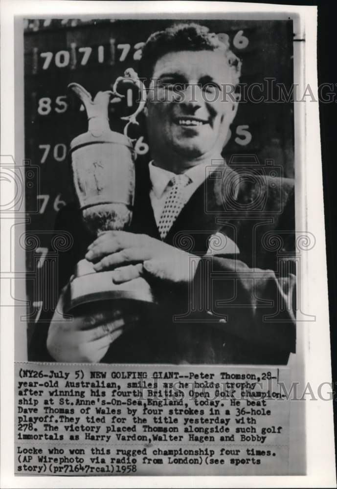 1958 Press Photo Golfer Peter Thomson holds British Open Golf trophy, England- Historic Images