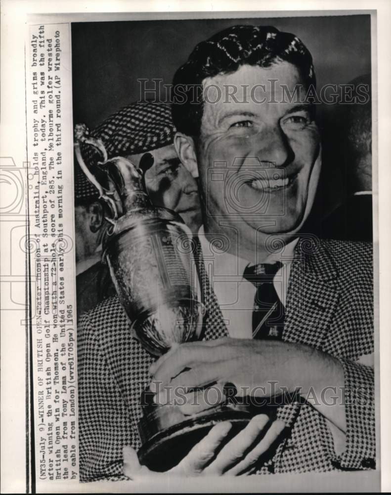 1965 Press Photo Golfer Peter Thomson holds British Open Golf trophy, England- Historic Images