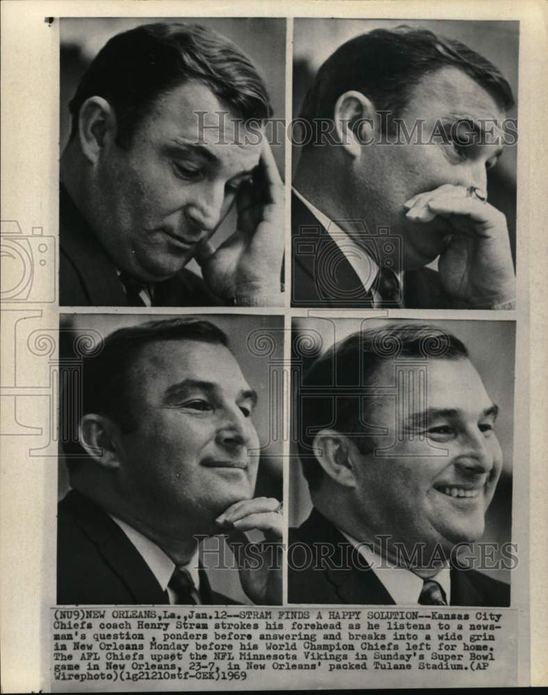 1969 Press Photo Chiefs football coach Henry Stram with press, Louisiana- Historic Images