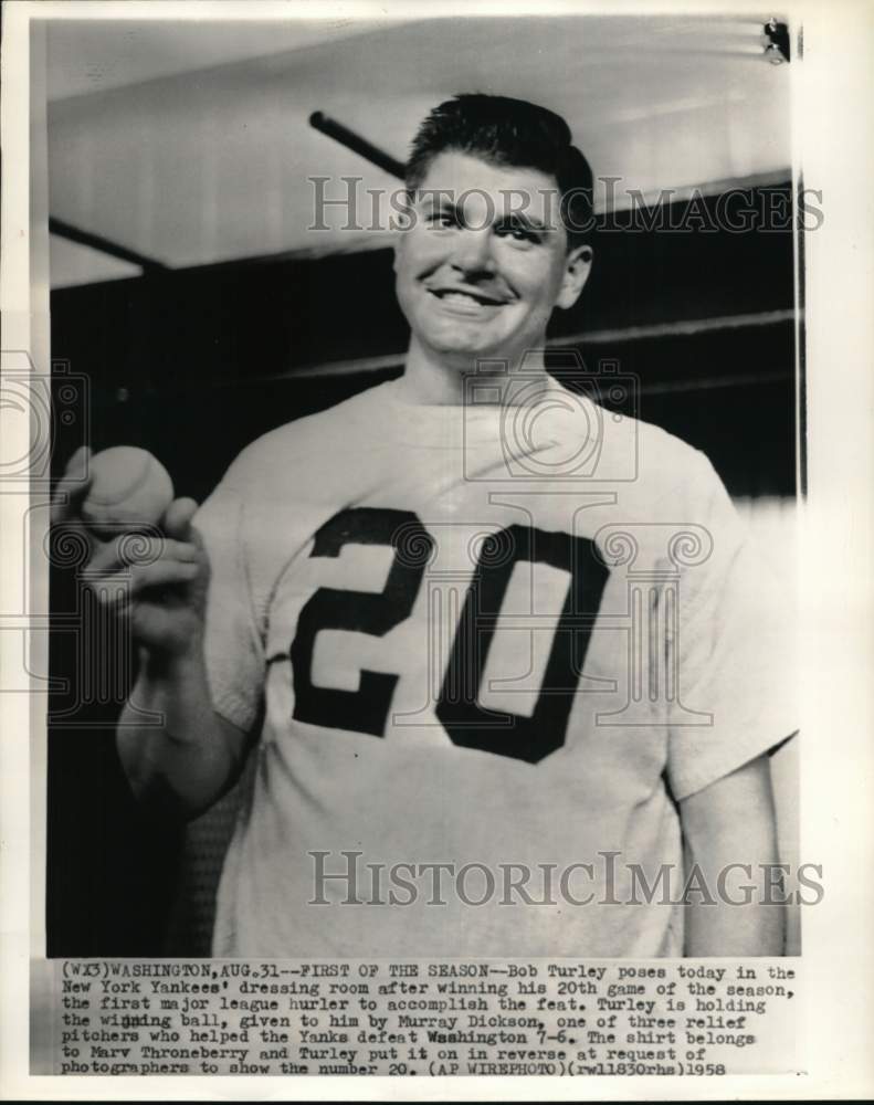 1958 Press Photo New York Yankees' baseball pitcher Bob Turley, Washington- Historic Images