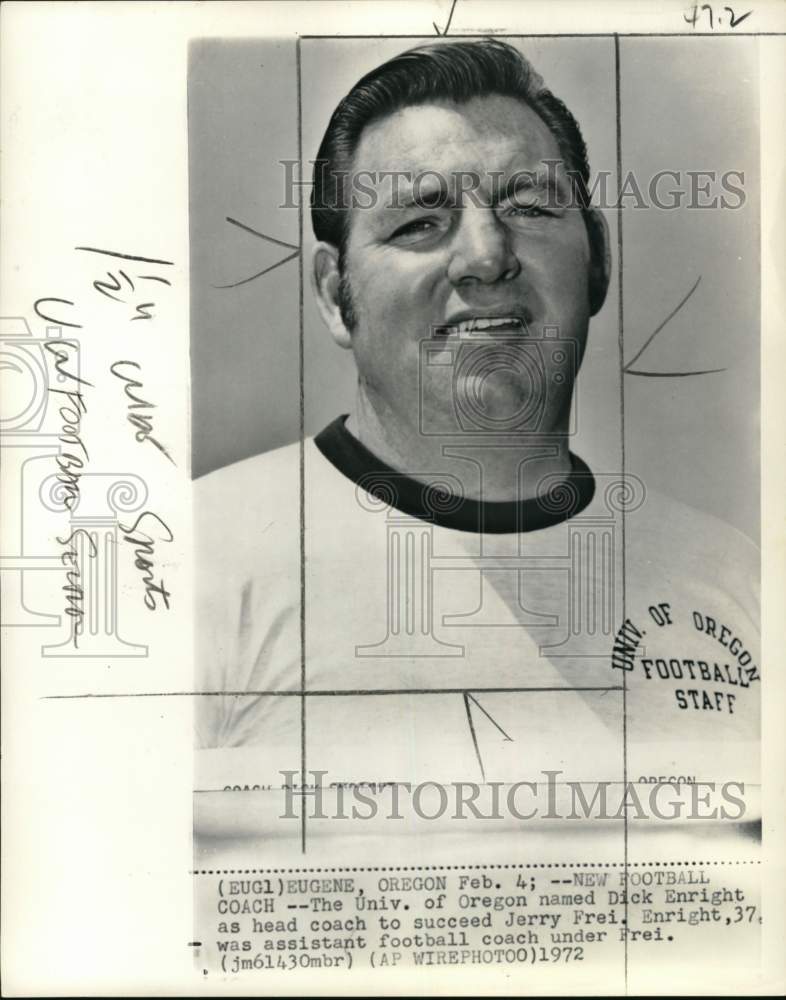 1972 Press Photo University of Oregon football head Dick Enright, Eugene- Historic Images