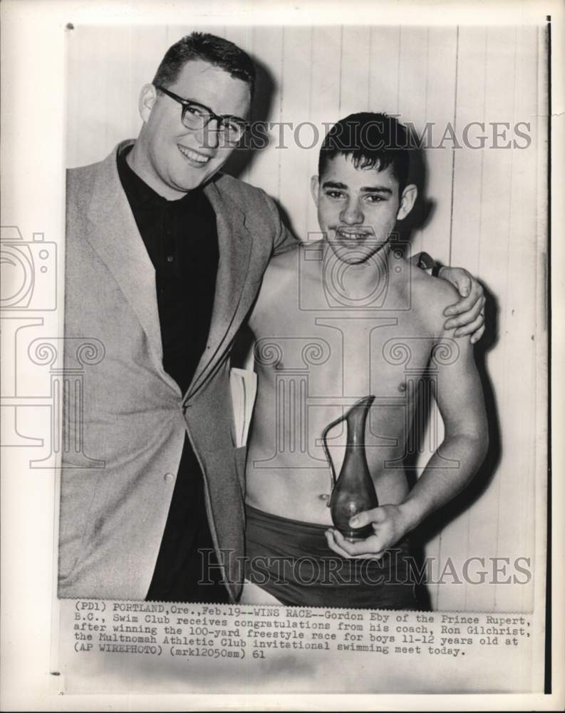 1961 Press Photo Swimmer Gordon Eby &amp; coach Ron Gilchrist, Portland, Oregon- Historic Images
