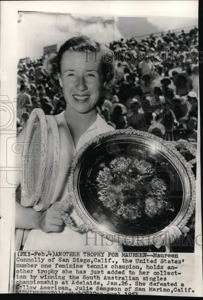 1953 Press Photo Maureen Connolly, South Australian tennis tournament, Australia- Historic Images