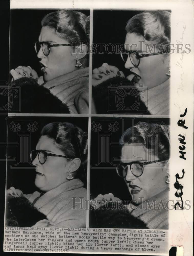 1952 Press Photo Boxer Rocky Marciano's wife Barbara Marciano watches match, PA- Historic Images