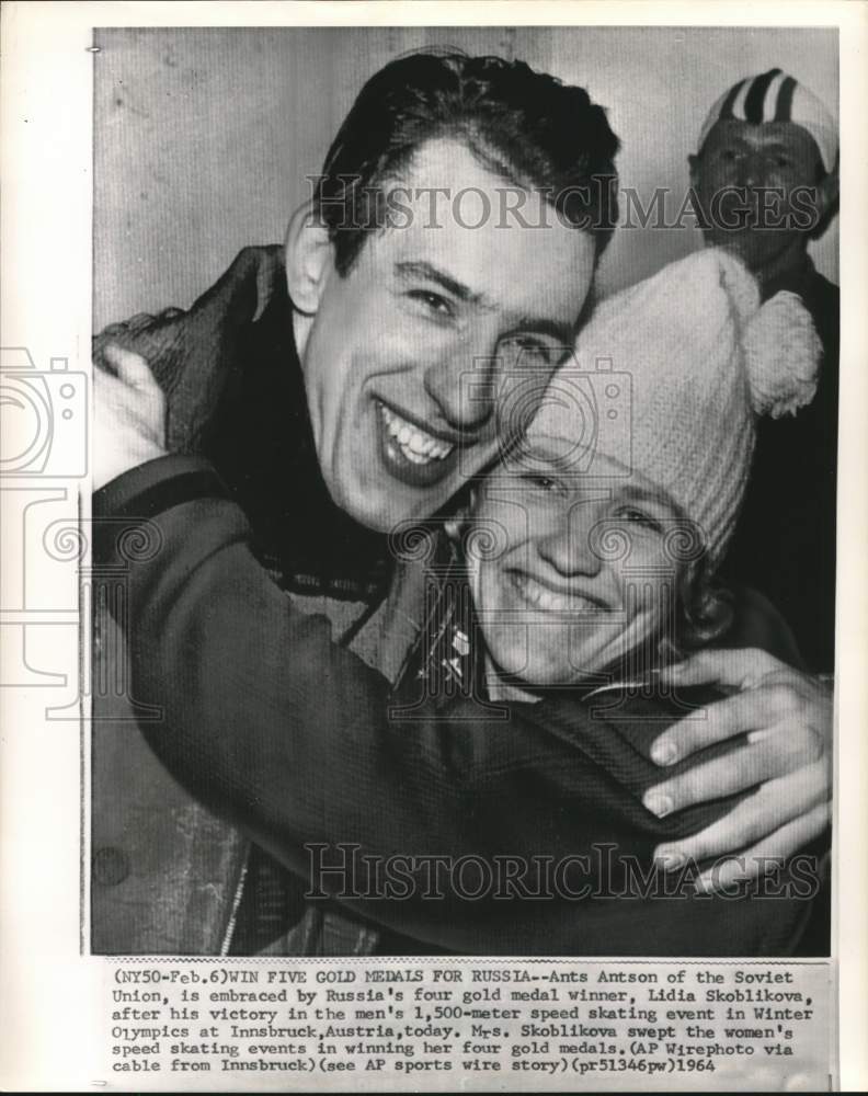 1964 Press Photo Soviet Innsbruck Gold Medalists Ants Antson, Lidia Skoblikova- Historic Images