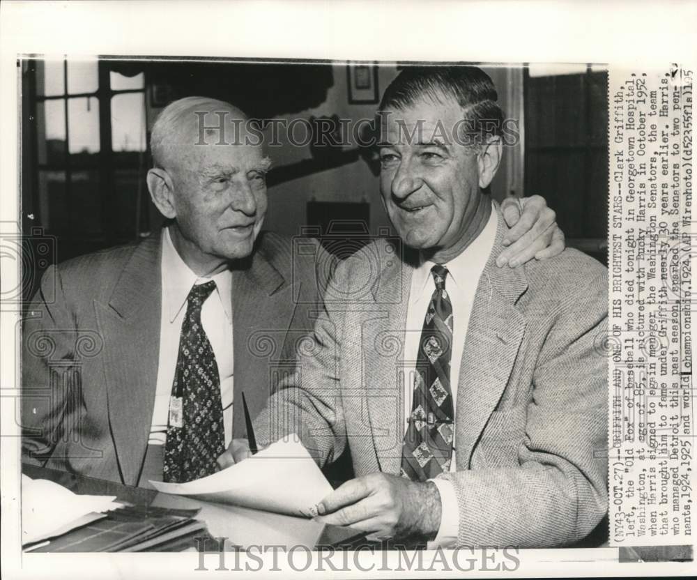 1952 Press Photo Washington Senator Baseball Team&#39;s Clark Griffith, Bucky Harris- Historic Images