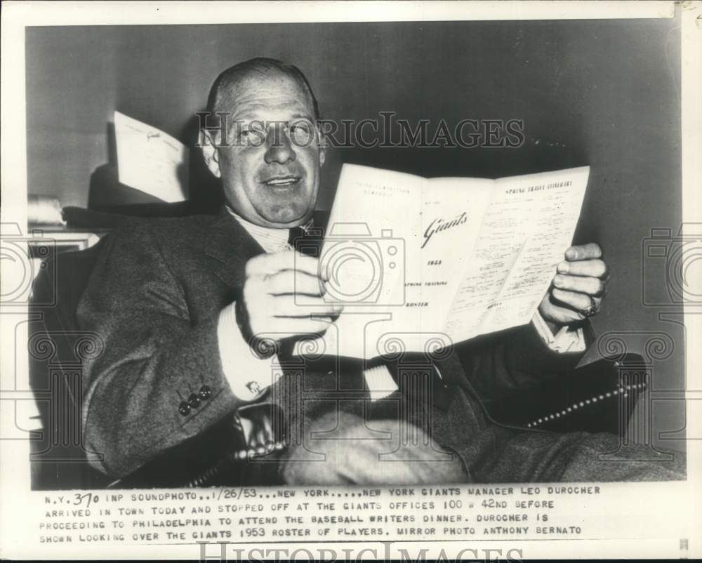 1953 Press Photo New York Giants Baseball Team Manager Leo Durocher In Office- Historic Images