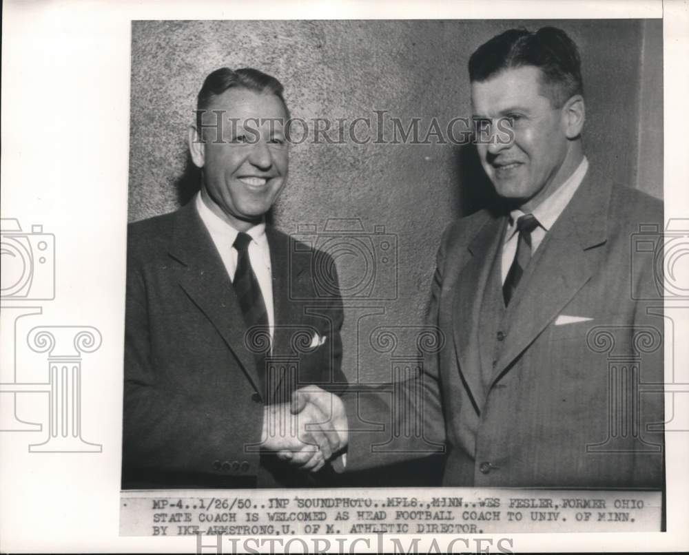 1950 Press Photo Minnesota Sports Boss Ike Armstrong, Football Wes Fesler- Historic Images