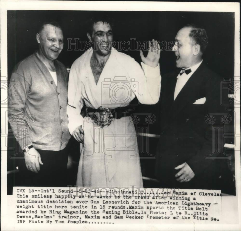 1949 Press Photo Trainer Ollie Downs, Boxer Lee Maxim And Promoter Sam Becker- Historic Images