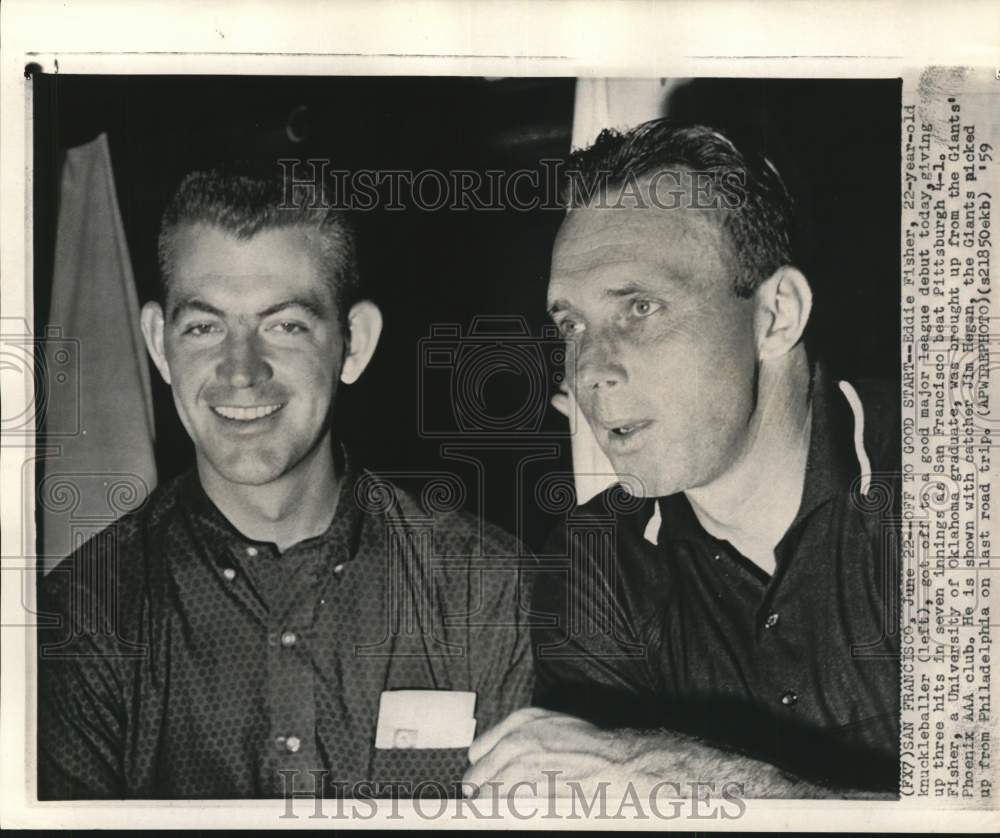 1959 Press Photo Giants Baseball Pitcher Eddie Fisher With Catcher Jim Hegan- Historic Images