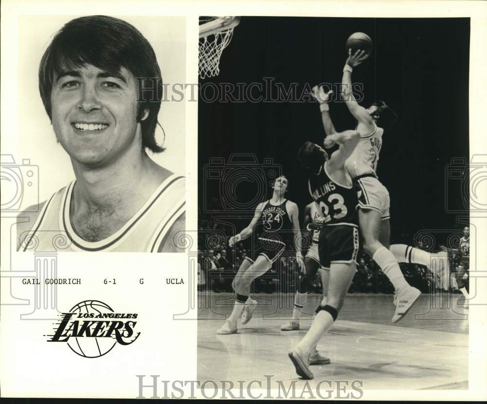 1975 Press Photo Lakers Basketball Team Guard Gail Goodrich Against Warriors- Historic Images