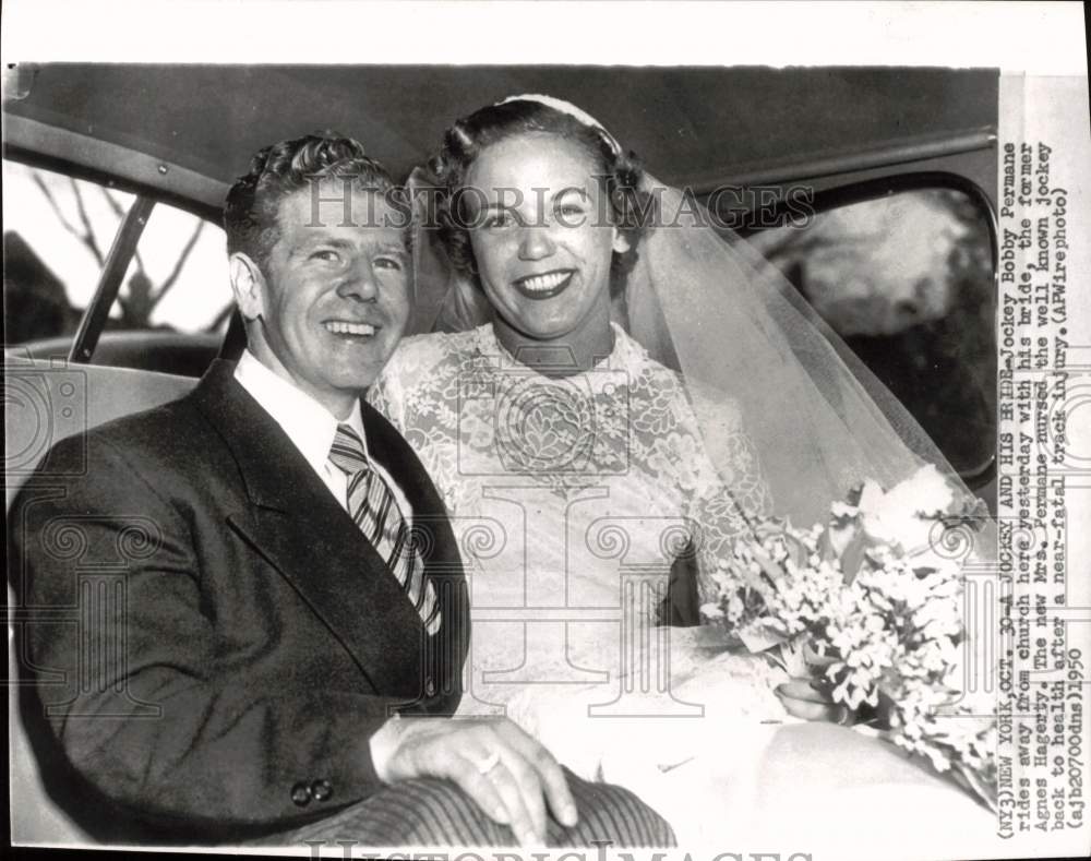 1950 Press Photo Jockey Bobby Permane &amp; Agnes Hagerty after wedding in New York- Historic Images