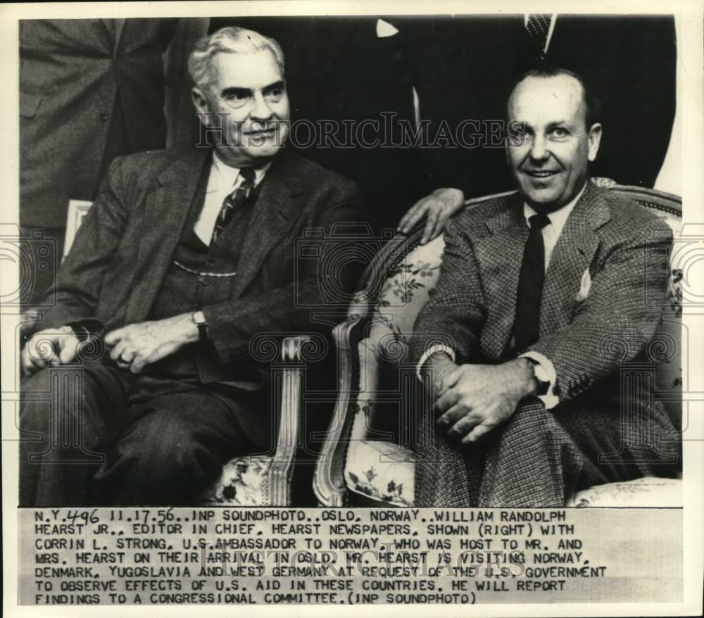 1956 Press Photo Ambassador Corrin Strong & William Randolph Hearst Jr, Norway