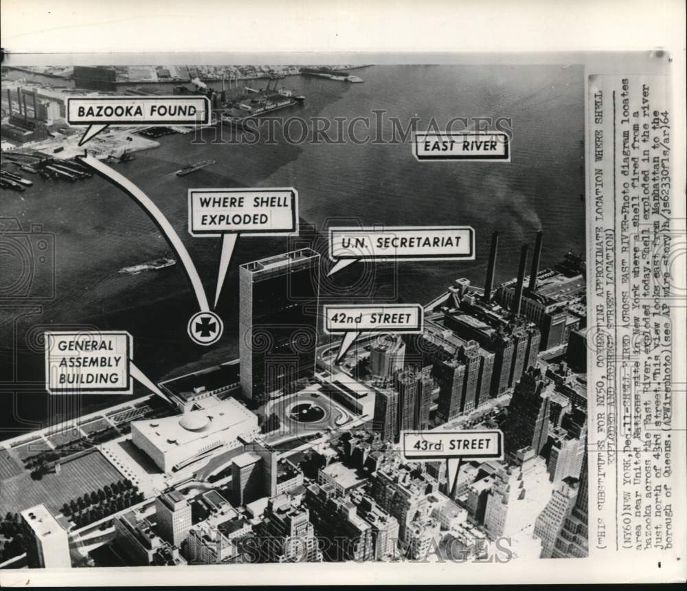 1964 Press Photo Diagram of bazooka shell attack on the United Nations, New York