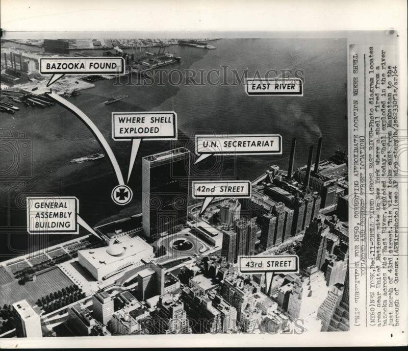 Load image into Gallery viewer, 1964 Press Photo Diagram of bazooka shell attack on the United Nations, New York
