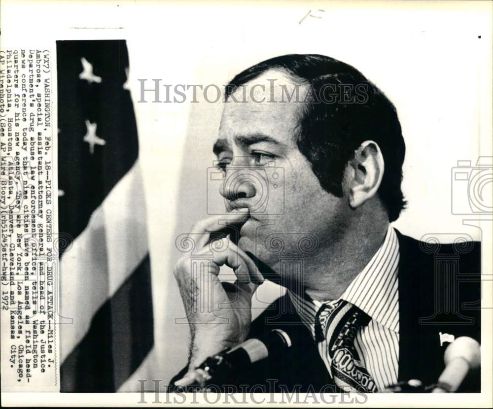 1972 Press Photo Miles J. Ambrose at Justice Department news conference in DC- Historic Images