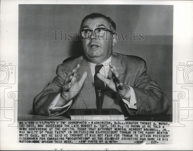 Load image into Gallery viewer, 1953 Press Photo Senator Thomas Burke at the Capitol news conference in DC
