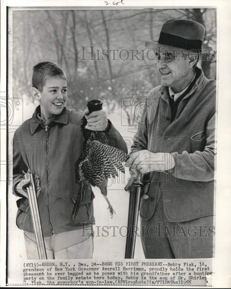 1955 Press Photo Governor Averell Harriman &amp; Bobby Fisk hunting pheasant in NY- Historic Images
