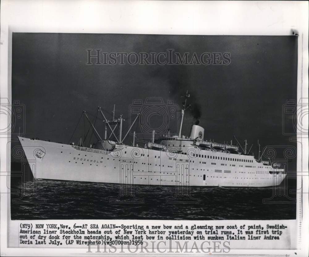 1956 Press Photo Swedish-American ship "Stockholm" on maiden trip off NY coast