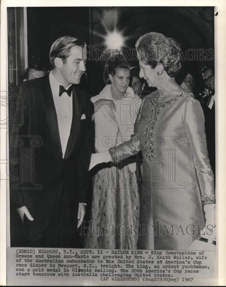 Load image into Gallery viewer, 1967 Press Photo Mrs. J. Waller greets King Constantine &amp; Queen Ann-Marie in RI
