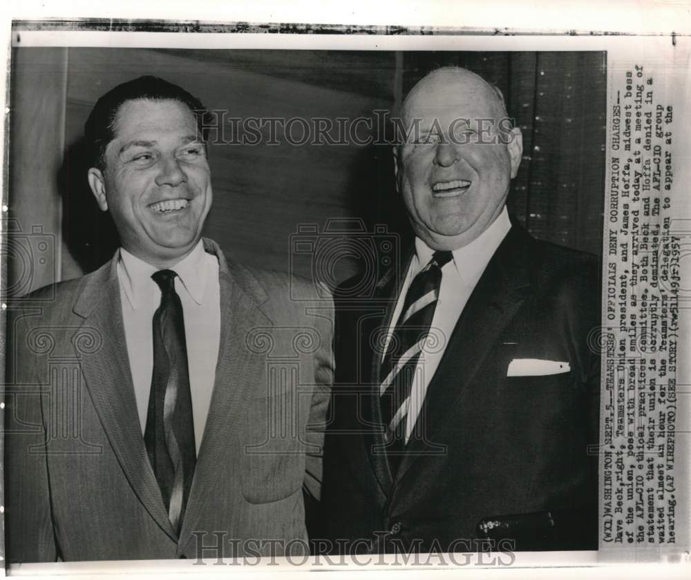 1957 Press Photo Teamsters Union's James Hoffa & Dave Beck arrive at DC meeting- Historic Images
